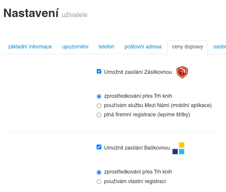 nastavení Trhu knih jako zprostředkovatele dopravy